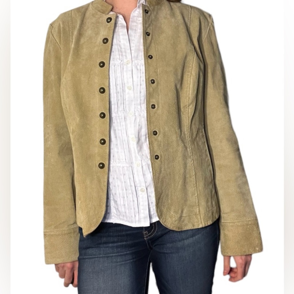 Vintage suede button down long sleeve leather beige tan jacket Aria - Picture 1 of 10